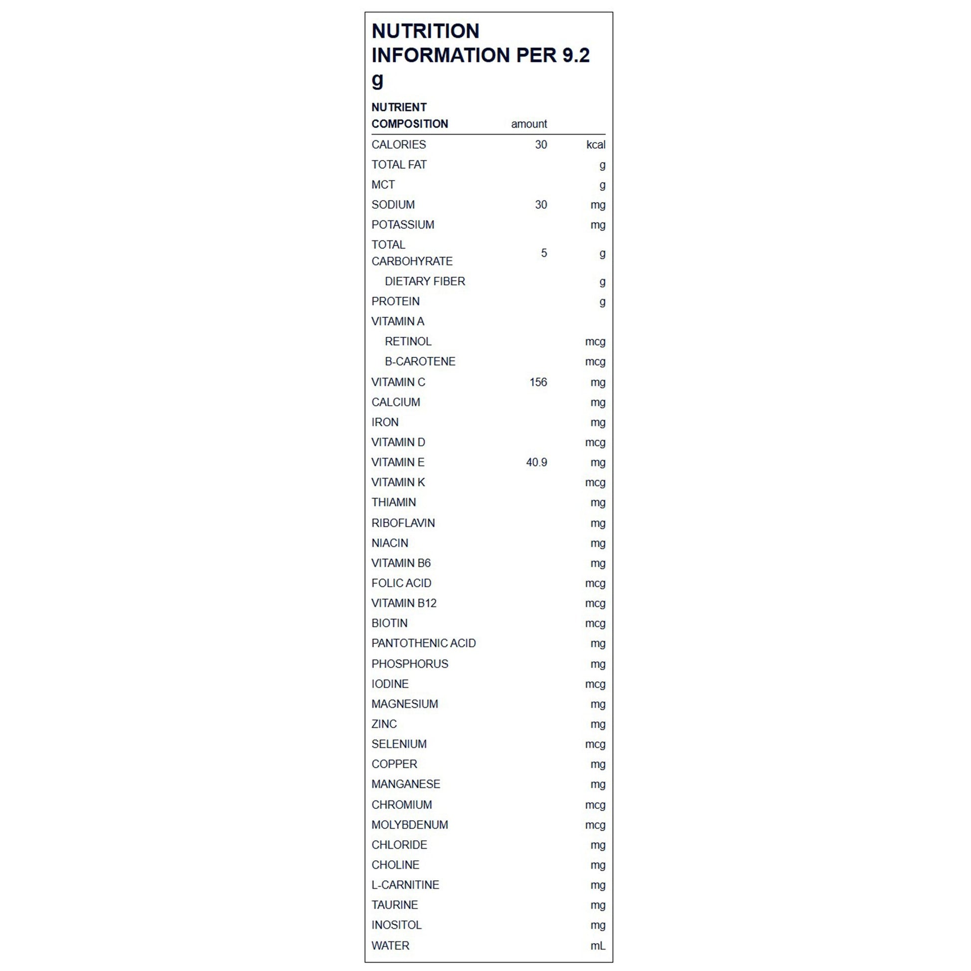 Nutrition information label with various nutrients and their amounts on a white background