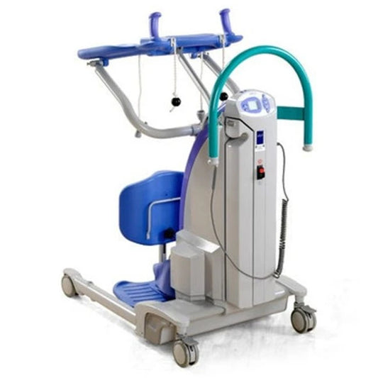Medical device with blue and gray components on a white background