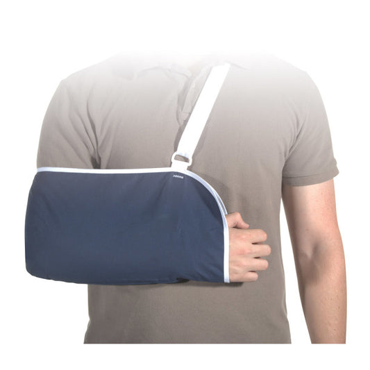Person wearing a blue arm sling on a white background