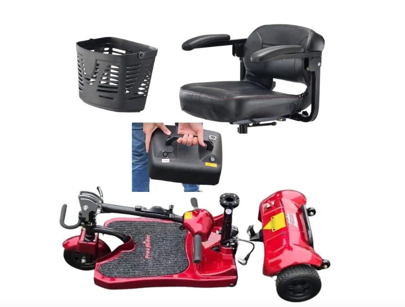 Collage of mobility scooter parts including a seat, basket, handlebar, and scooter body on a white background.