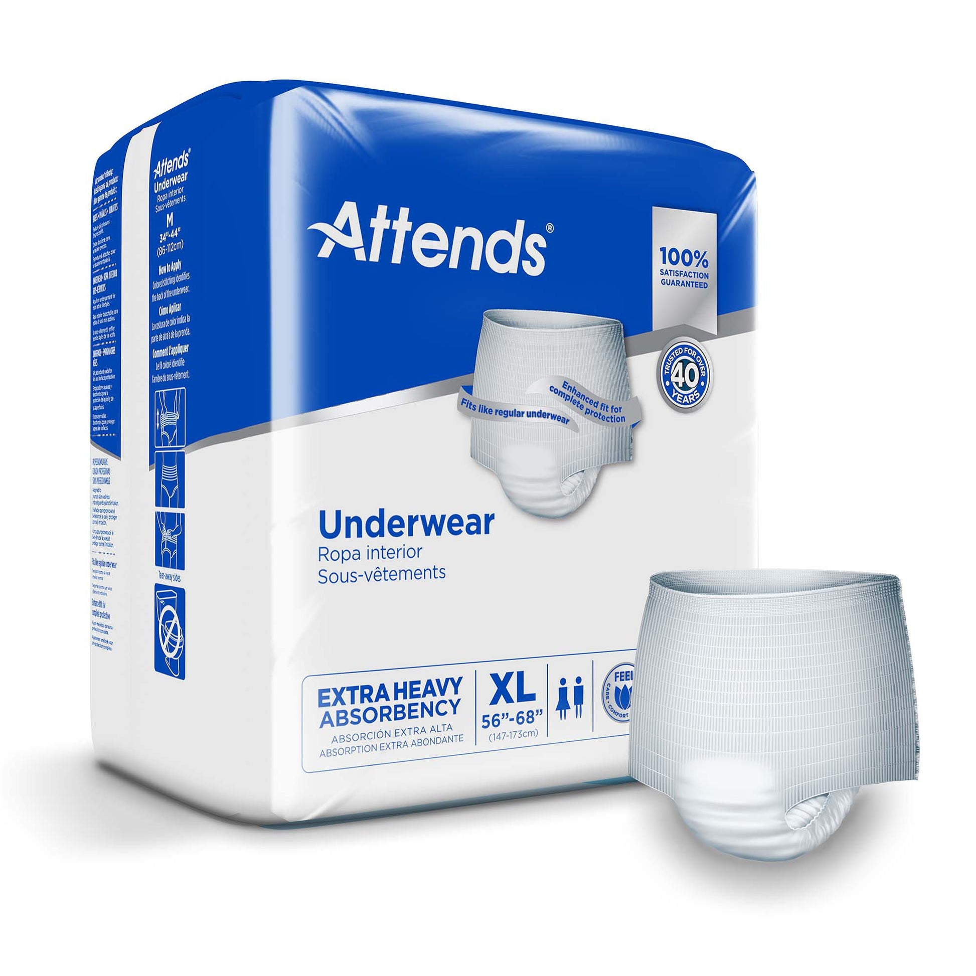 Attends Extra Heavy Absorbency Underwear packaging with a sample unit on a white background