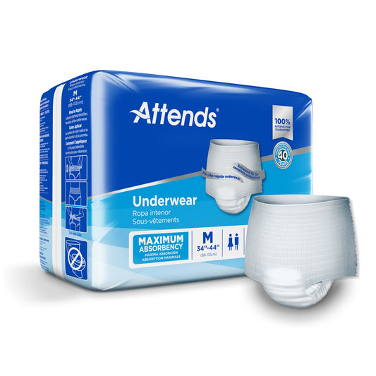 Attends maximum absorbency underwear packaging with a single piece displayed on a white background