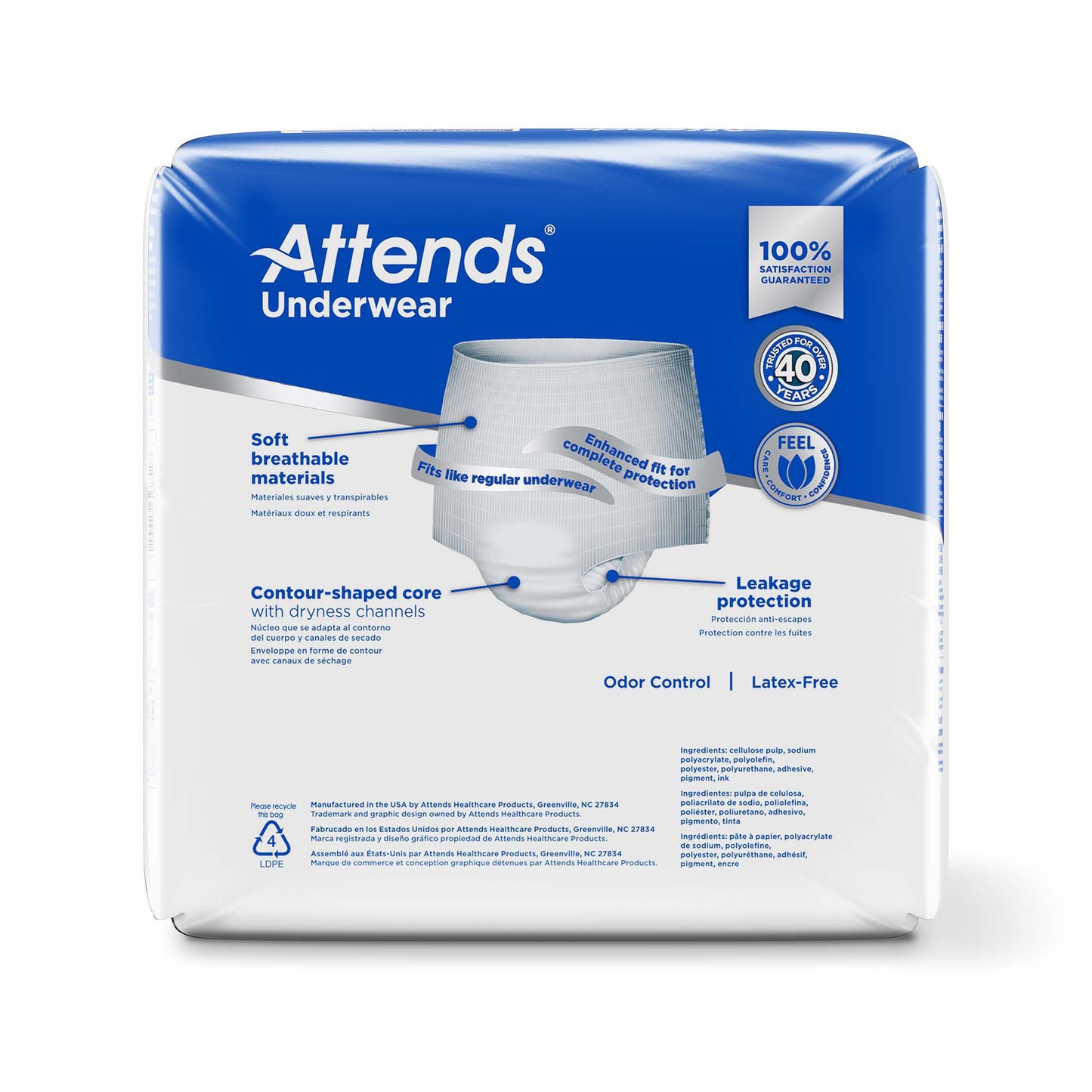 Attends Underwear packaging with blue and white design on a white background