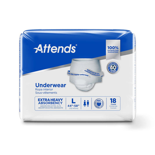 Package of Attends extra heavy absorbency underwear on a white background