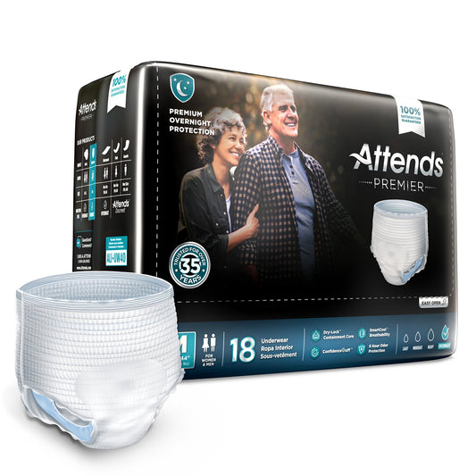 Attends Premier adult diaper packaging with a couple on the box and a diaper in front.