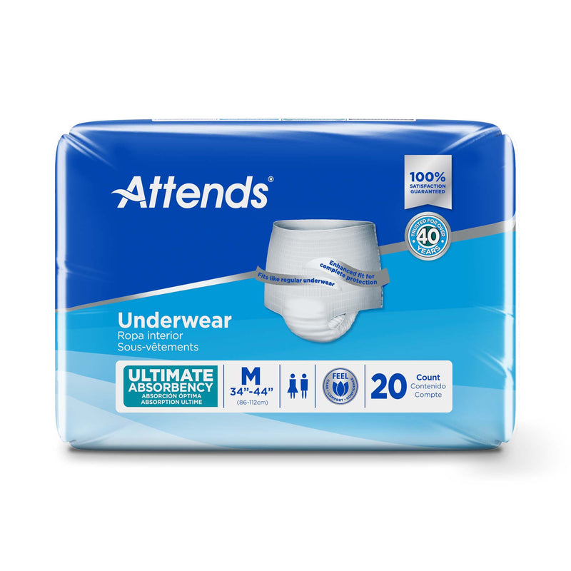 Package of Attends ultimate absorbency underwear on a white background