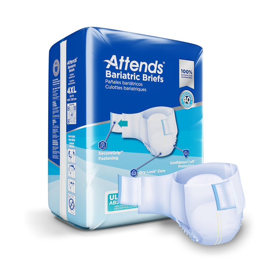 Attends Bariatric Briefs packaging with a white background