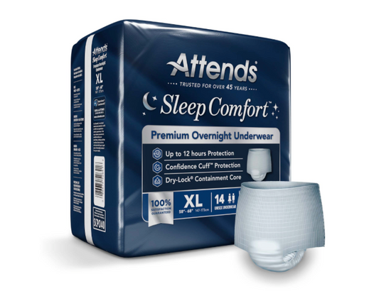 Attends Sleep Comfort premium overnight underwear package with a sample pack on a white background