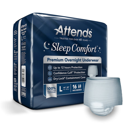 Attends Sleep Comfort premium overnight underwear packaging with a sample unit on a white background