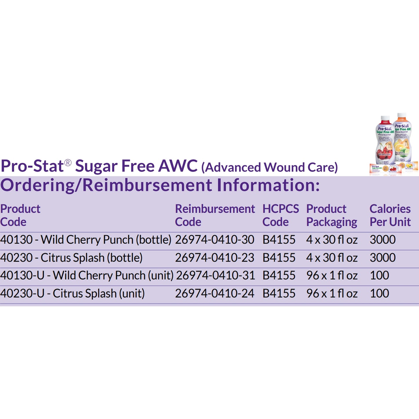 Product information table for Pro-Stat Sugar Free AWC with reimbursement details on a white background.
