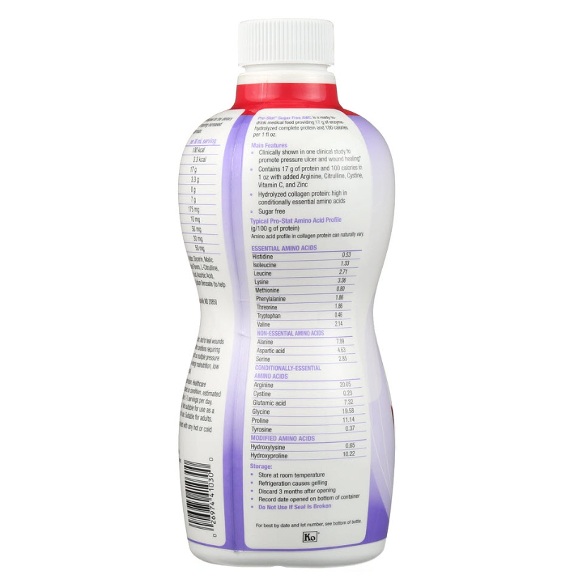 Back view of a protein supplement bottle with label details on a white background