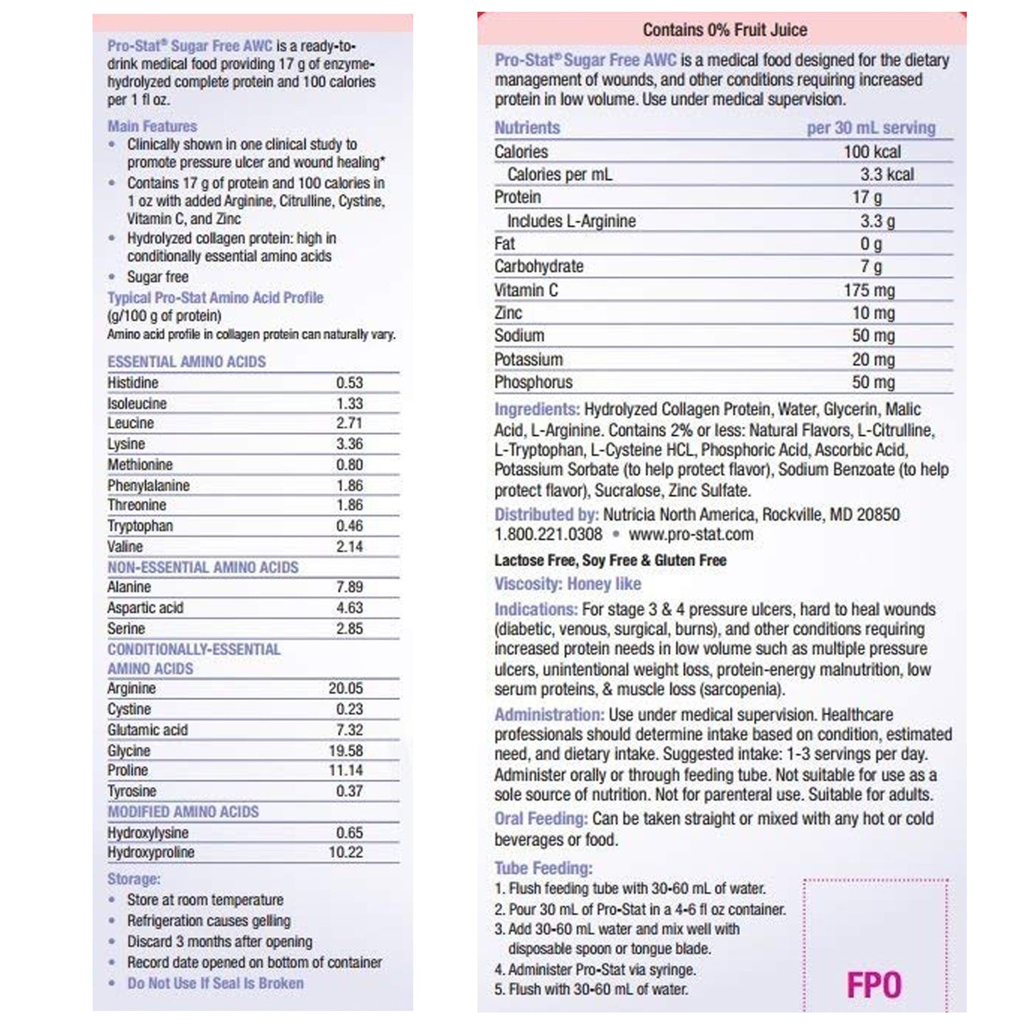 Nutritional label and ingredients list for a medical dietary supplement on a white background