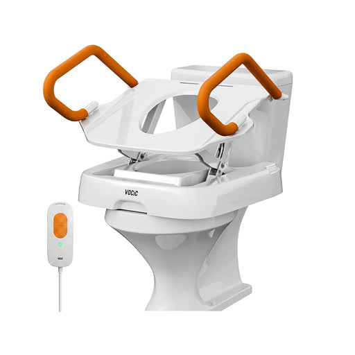 A white toilet with an elevated seat and orange grab handles, shown on a clean white background. A small handheld remote with an orange button is pictured to the lower left.