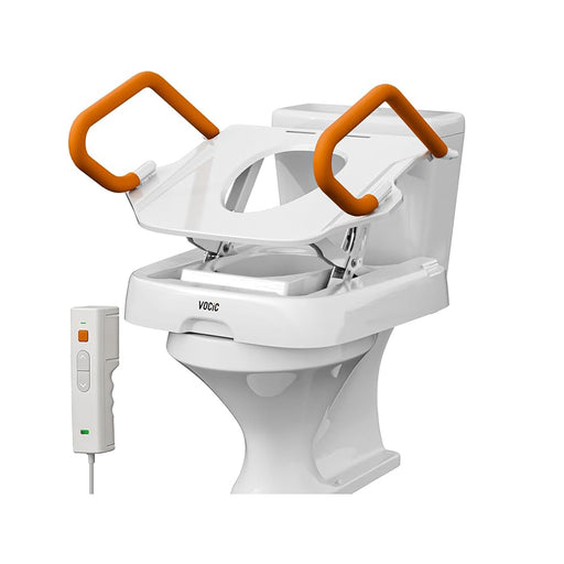 White toilet lift seat with orange safety handles and a handheld remote control, shown on a clean white background.