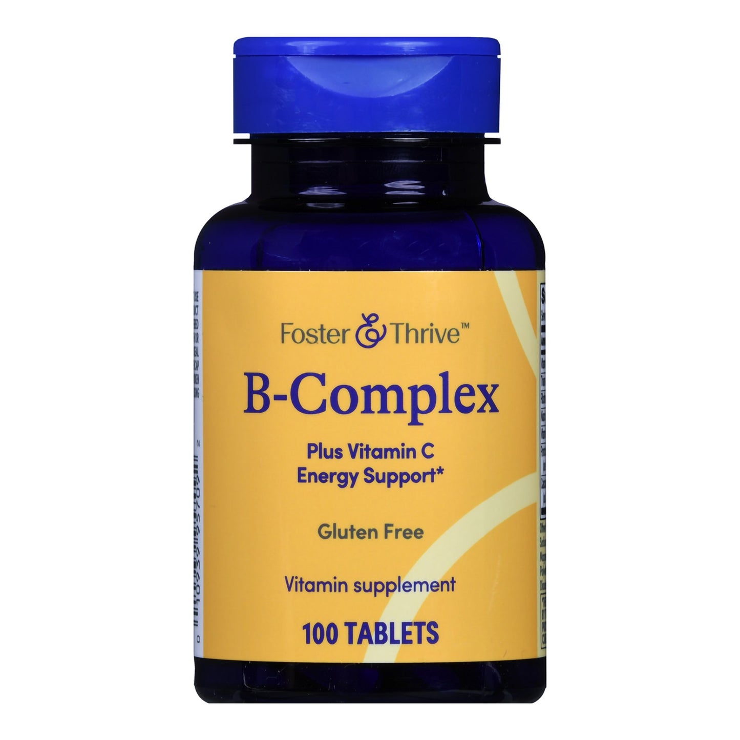 B-Complex vitamin supplement bottle with blue cap and yellow label on a white background