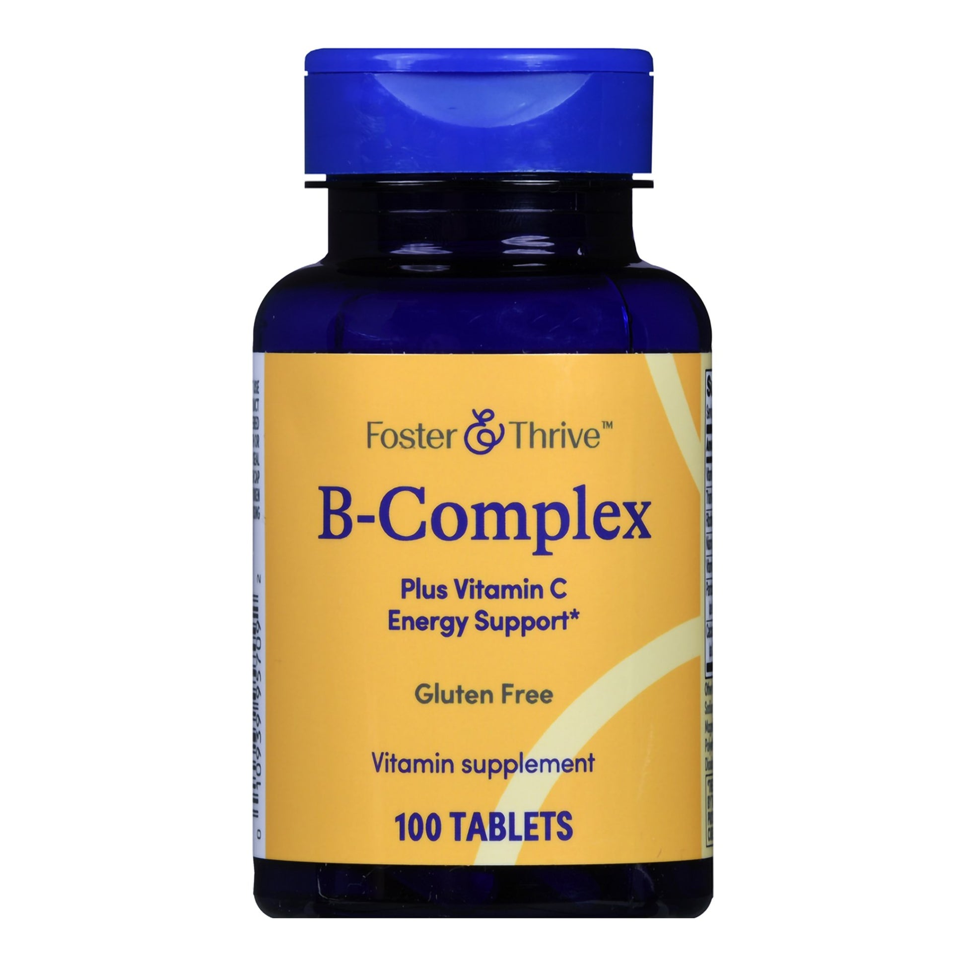 B-Complex vitamin supplement bottle with blue cap and yellow label on a white background