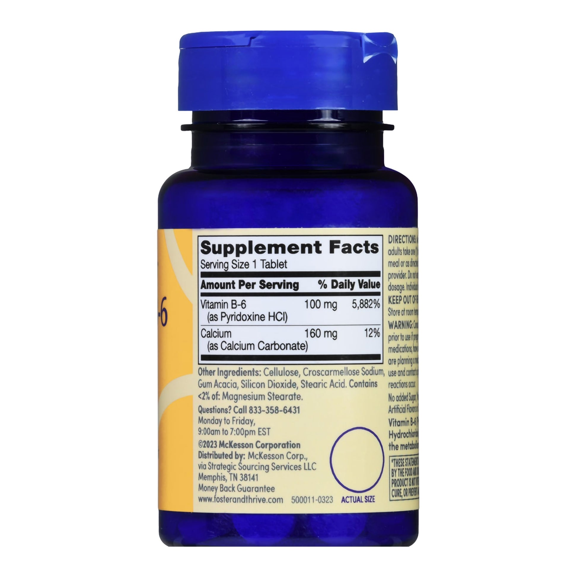 Blue supplement bottle with label on a white background