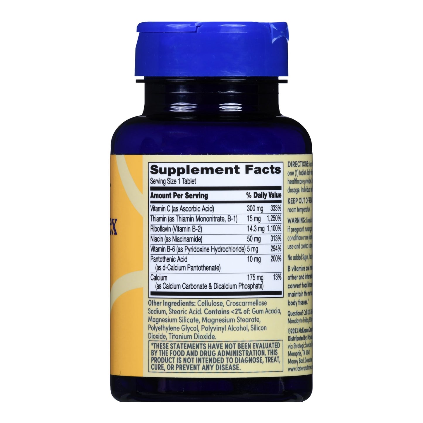 Supplement bottle with blue cap and yellow label on a white background