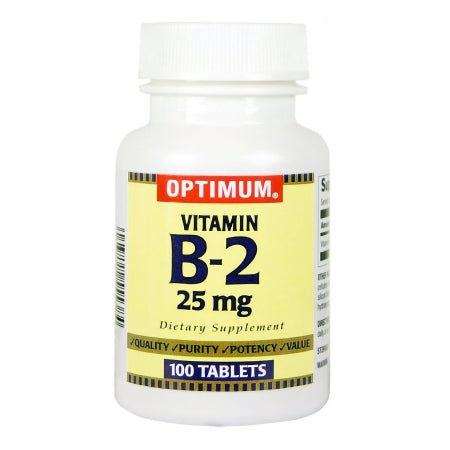 Optimum Vitamin B-2 25 mg dietary supplement bottle on a white background