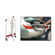 A white and red manual power lift shown standing upright on the left, and being extended into a car trunk by a person on the right.