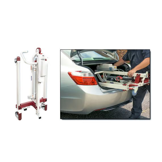 A white and red manual power lift shown standing upright on the left, and being extended into a car trunk by a person on the right.