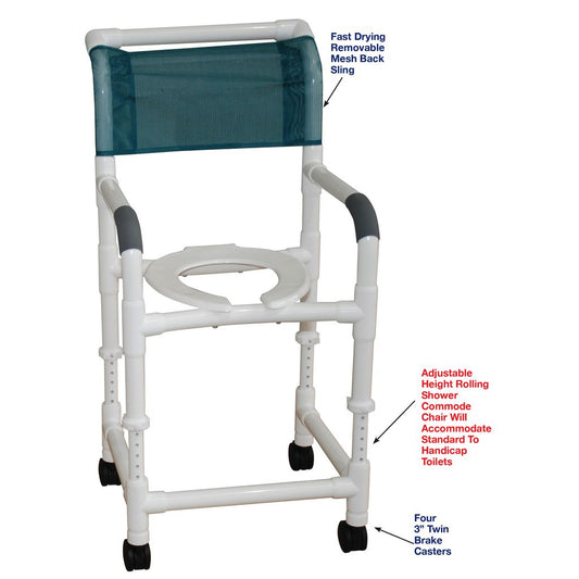 Shower commode chair with features highlighted on a white background