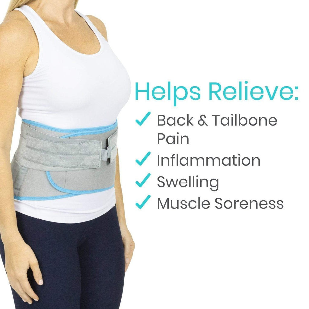 Person wearing a gray waist support belt with text highlighting relief from back and tailbone pain, inflammation, swelling, and muscle soreness.