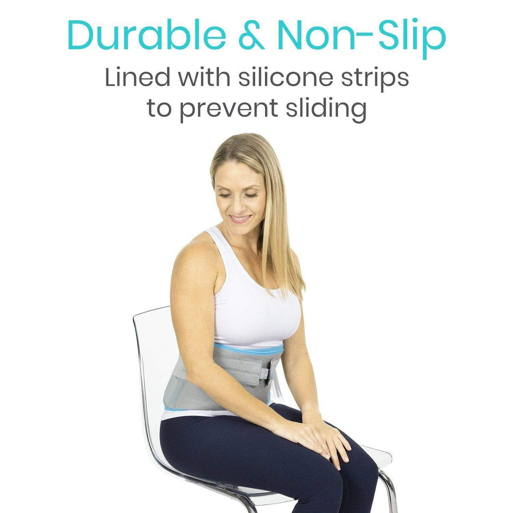 Woman wearing a back brace with text about durability, non-slip properties, and silicone strip lining.
