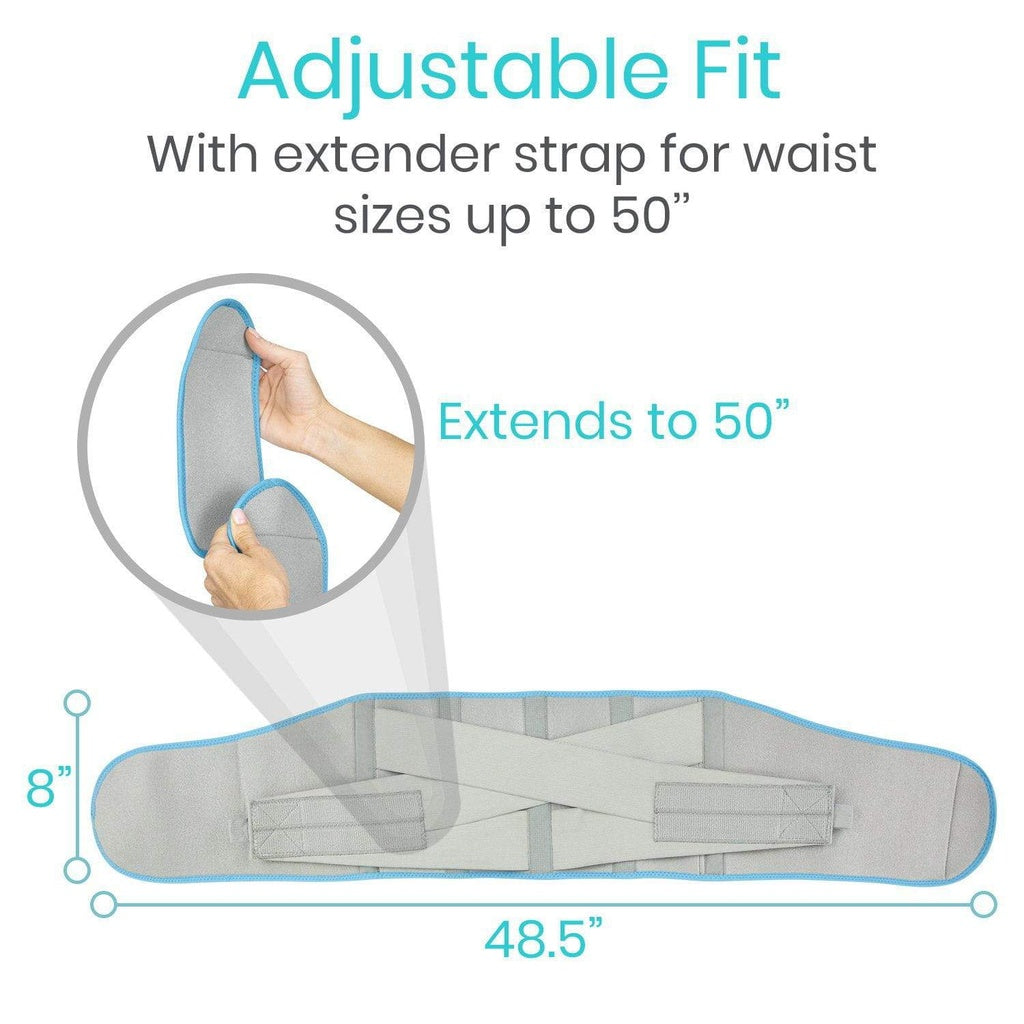 Adjustable waist support belt with extender strap, showing measurement details.