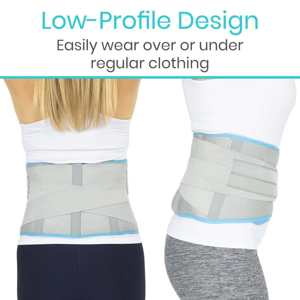 Back brace worn over regular clothing with text 'Low-Profile Design' and 'Easily wear over or under regular clothing'.