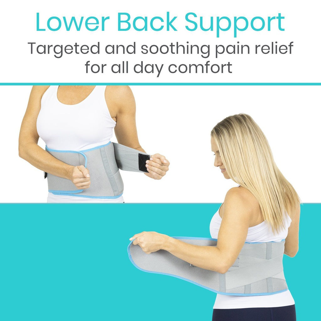 Woman wearing a lower back support brace with text about targeted pain relief.