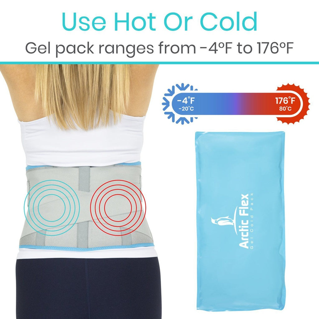 Person wearing a back brace with a gel pack on their back, showing temperature range from -4°F to 176°F.