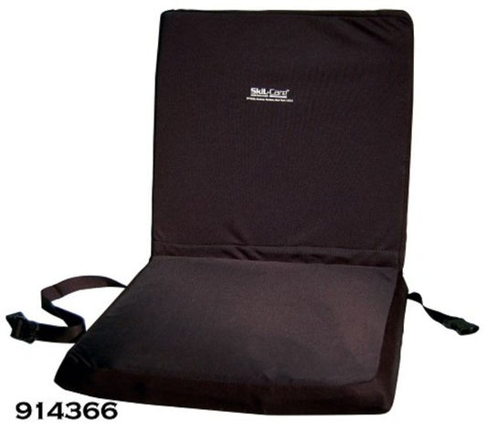 Black seat cushion with a brand logo on a white background