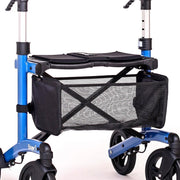 Blue walker with black seat and mesh storage bag on a white background