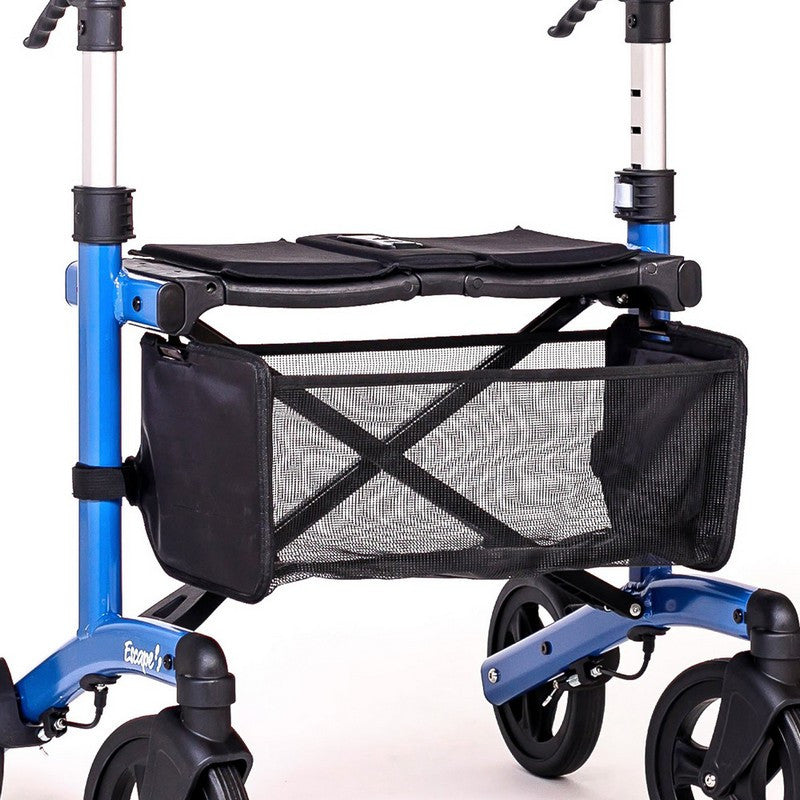Blue walker with black seat and mesh storage bag on a white background