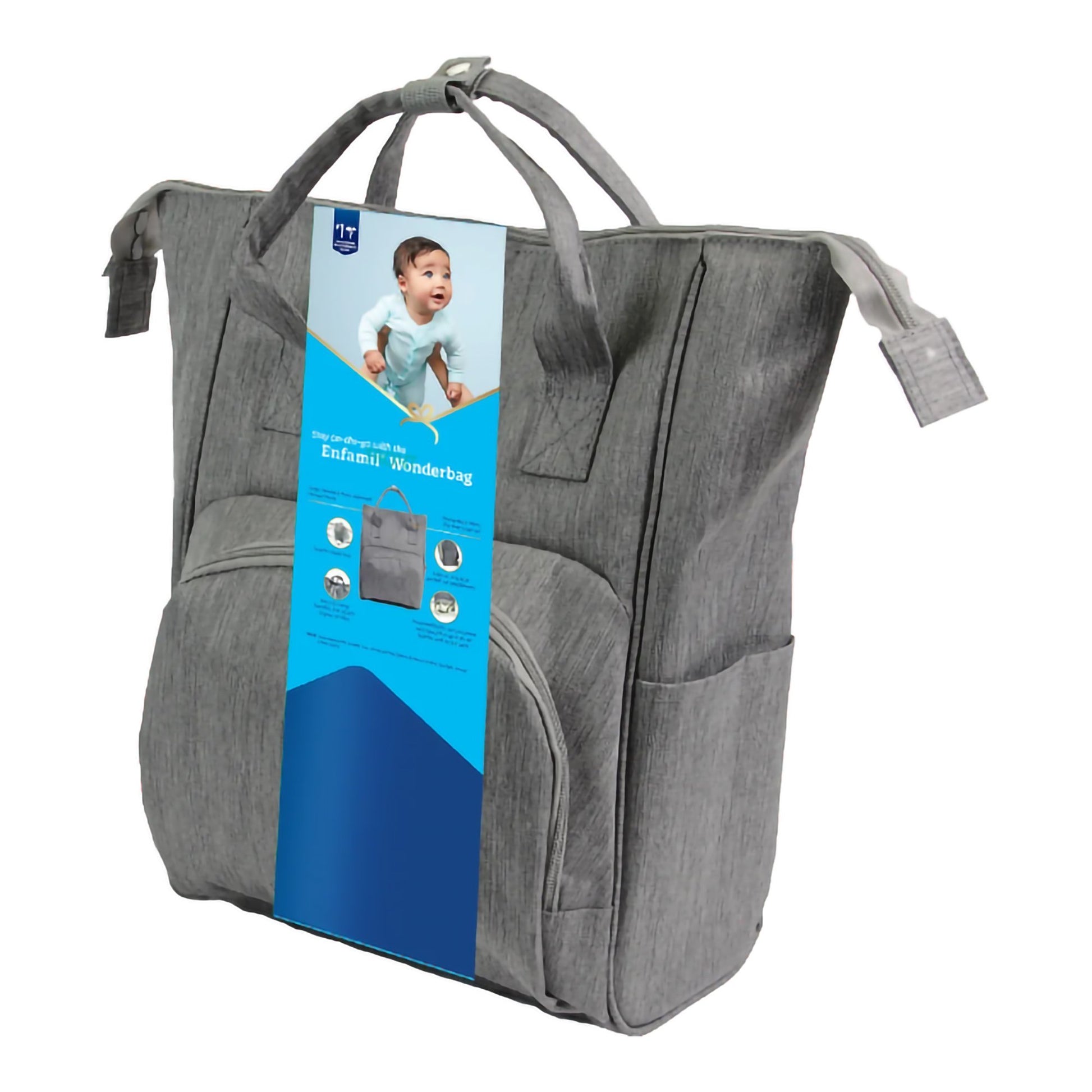 Gray diaper bag with a blue and white tag featuring a child's face on a white background
