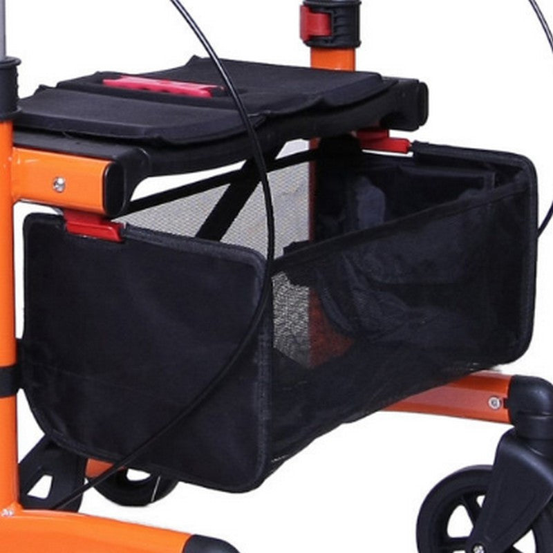 Close-up of a walker with a black storage bag attached to it.