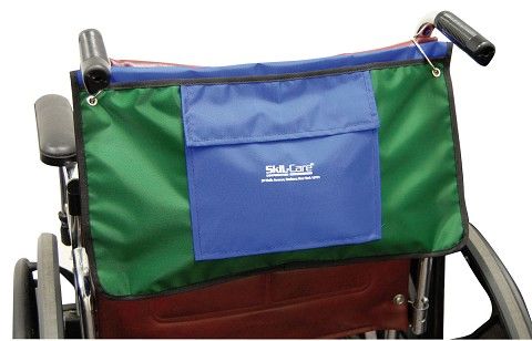 Green and blue bag attached to a wheelchair on a white background