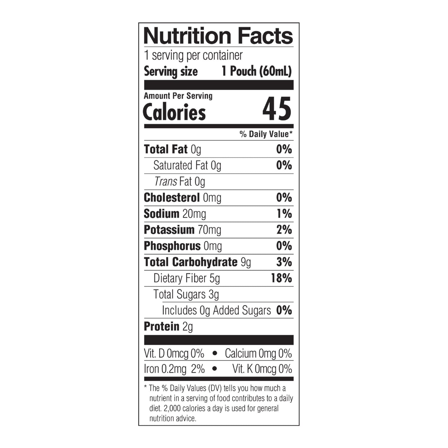 Nutrition facts label for a product with serving size of 1 pouch (60ml) and 45 calories per serving.