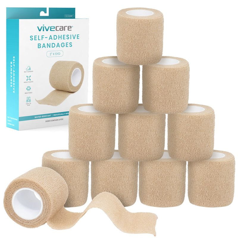 Beige self-adhesive bandages with Vivecare packaging on a white background