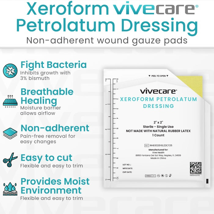 Vivecare Xeroform Petrolatum Dressing packaging with features listed on a white background