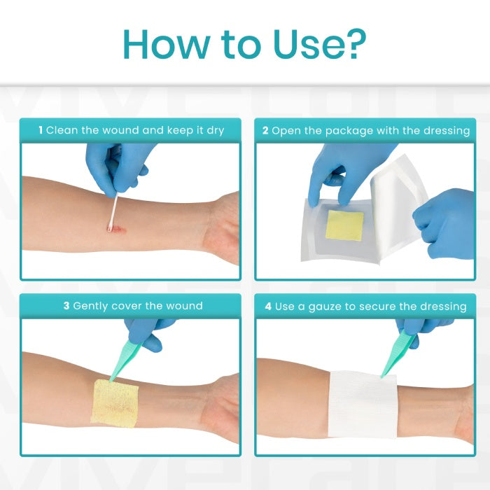 Step-by-step guide on how to use a wound dressing with illustrations and text.
