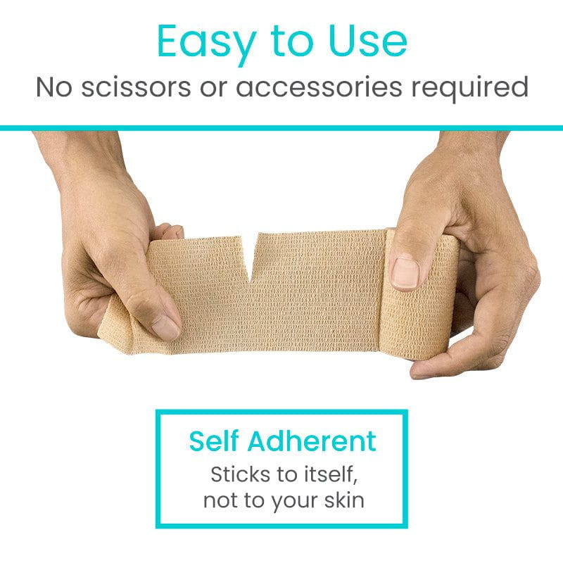 Hands holding a roll of self-adherent bandage with text indicating ease of use.