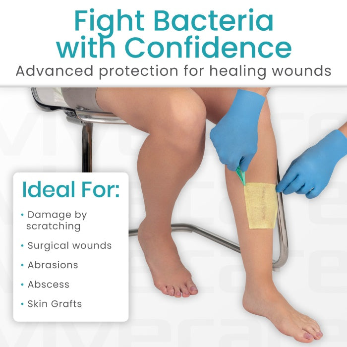 Person applying a bandage to a leg with text about advanced protection for healing wounds.