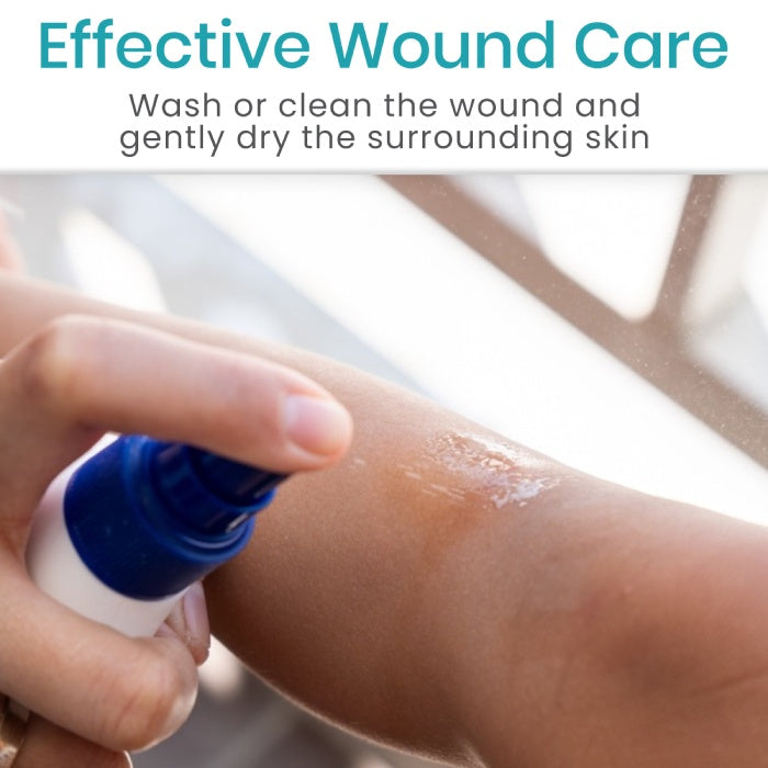 Person applying a blue cream to a wound on their arm with text about effective wound care.