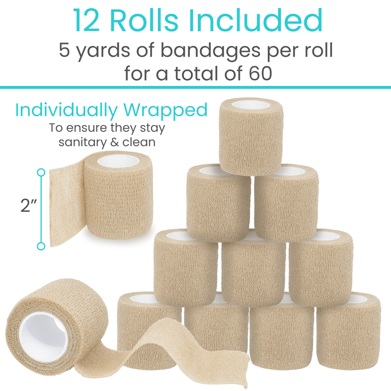 12 rolls of bandages with text indicating quantity and features on a white background