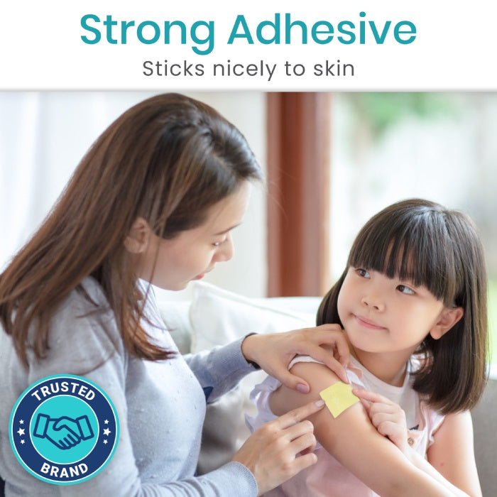 Woman applying a bandage to a child's arm with text about strong adhesive.