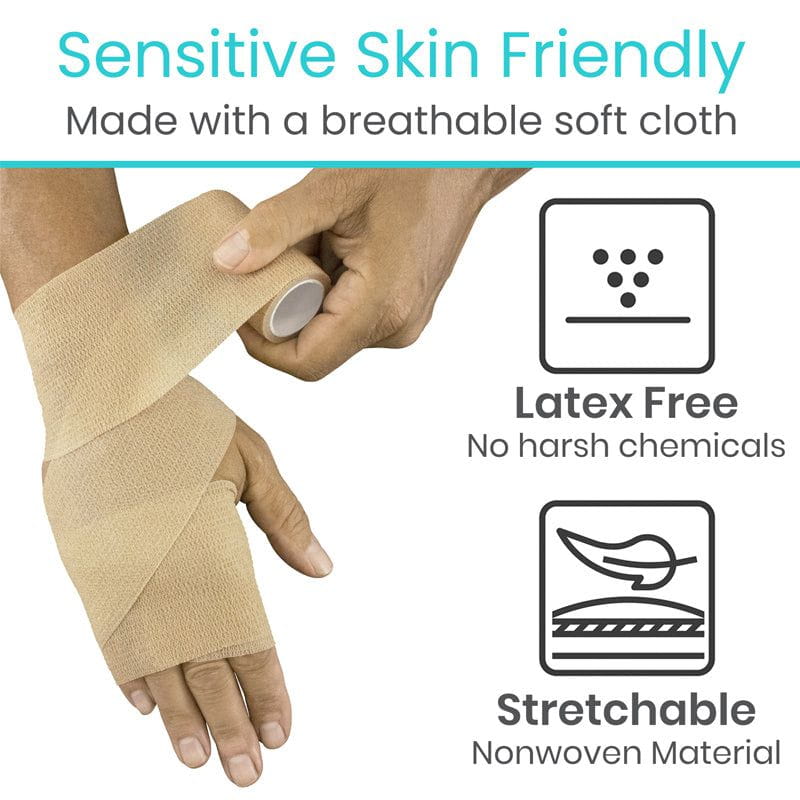 Hand applying a bandage with text highlighting features like 'Sensitive Skin Friendly', 'Latex Free', and 'Stretchable'.