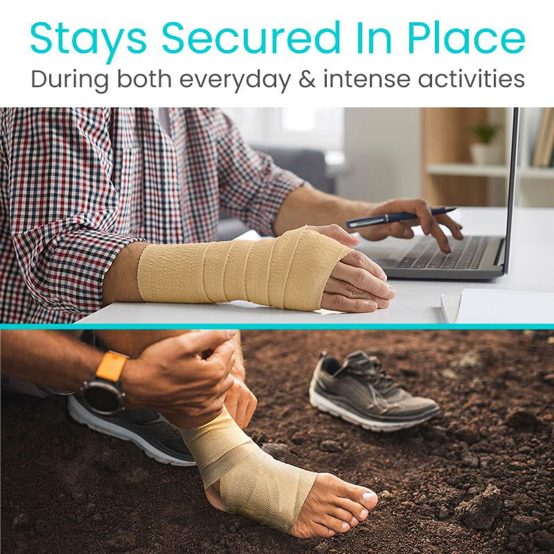 Person with a bandaged arm working on a laptop and another person with a bandaged ankle outdoors.
