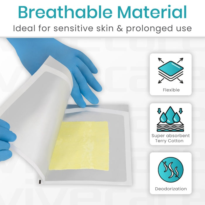 Product packaging with breathable material features, including flexible, super absorbent terry cotton, and deodorization icons.